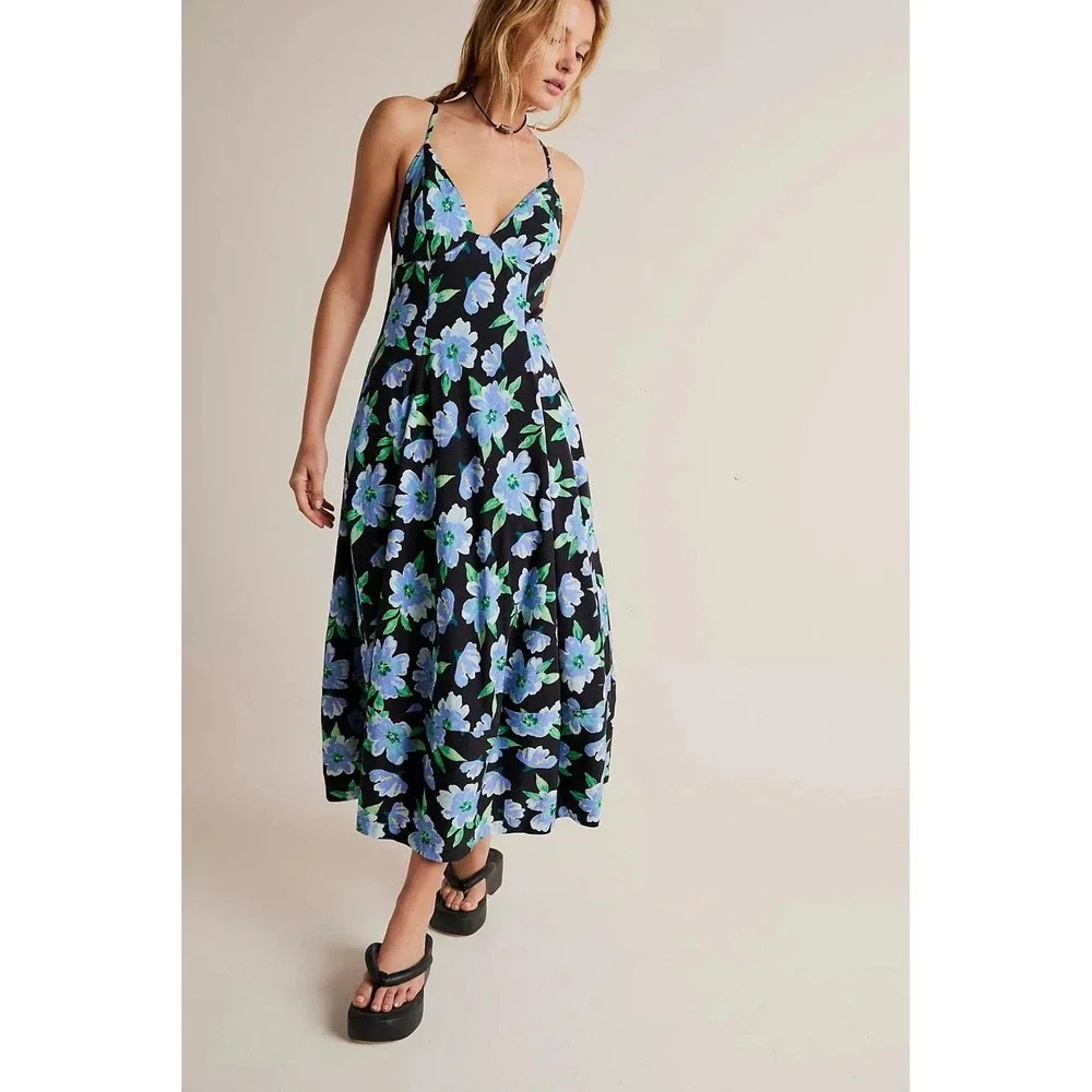 Free People Stunning Finer Things Midi Floral Dress Blue Stunning Sz XS X-Small